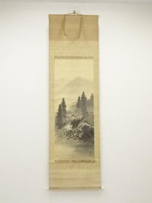 鳳洲筆　山水　肉筆絹本掛軸